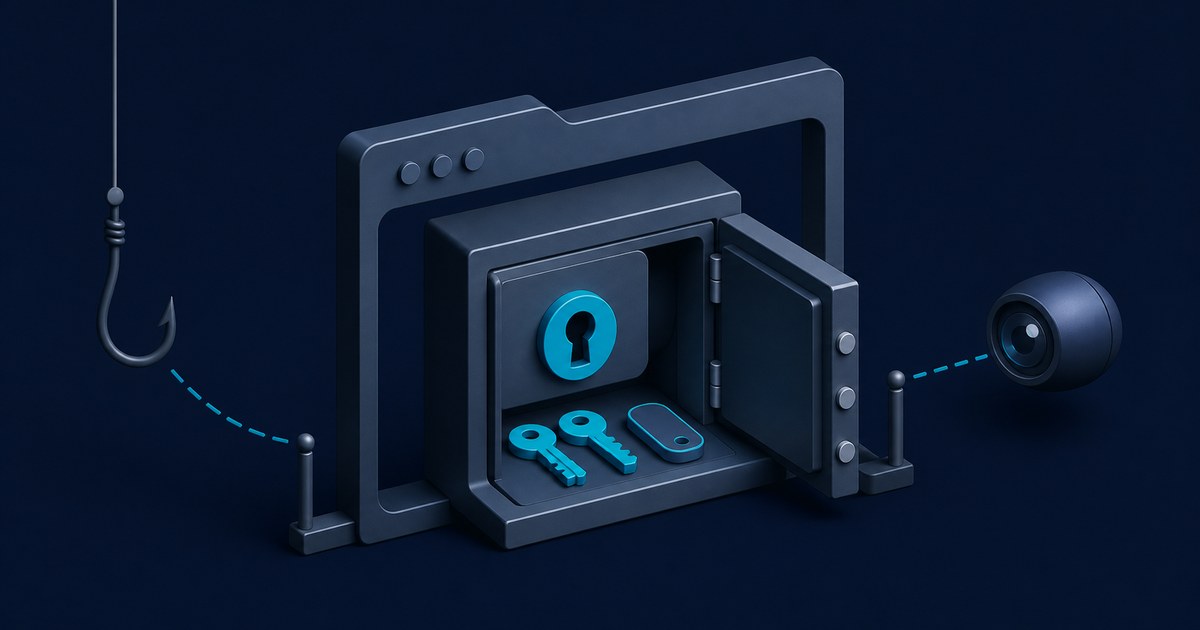 A dark 3D browser window frames an open safe with cyan keys, flanked by a phishing hook and a surveillance camera.