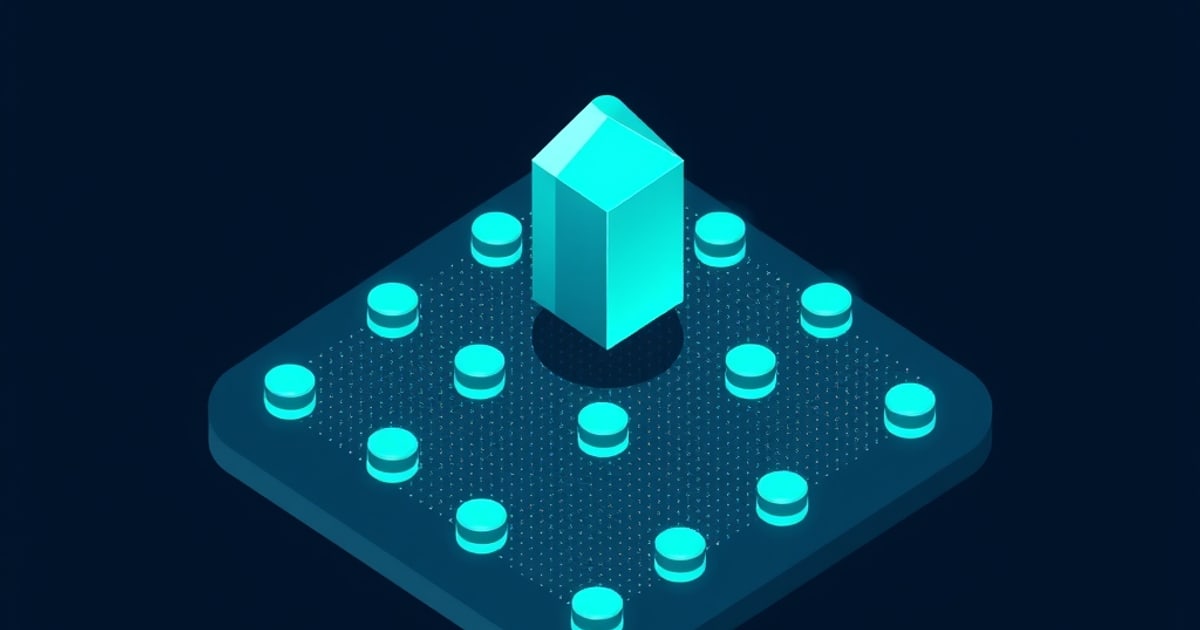 Flat isometric illustration of a bright teal password vault prism rising from a dark grid platform ringed by glowing credential discs