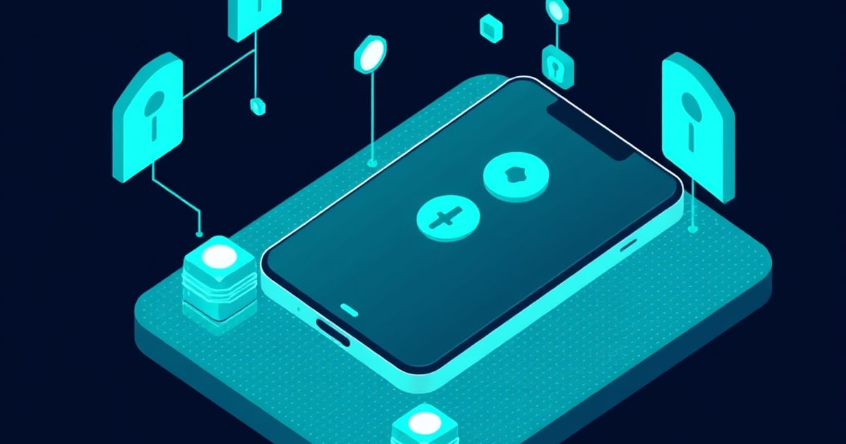 Flat isometric illustration of a phone lying on a teal slab, surrounded by floating keyhole shields and glowing password tokens