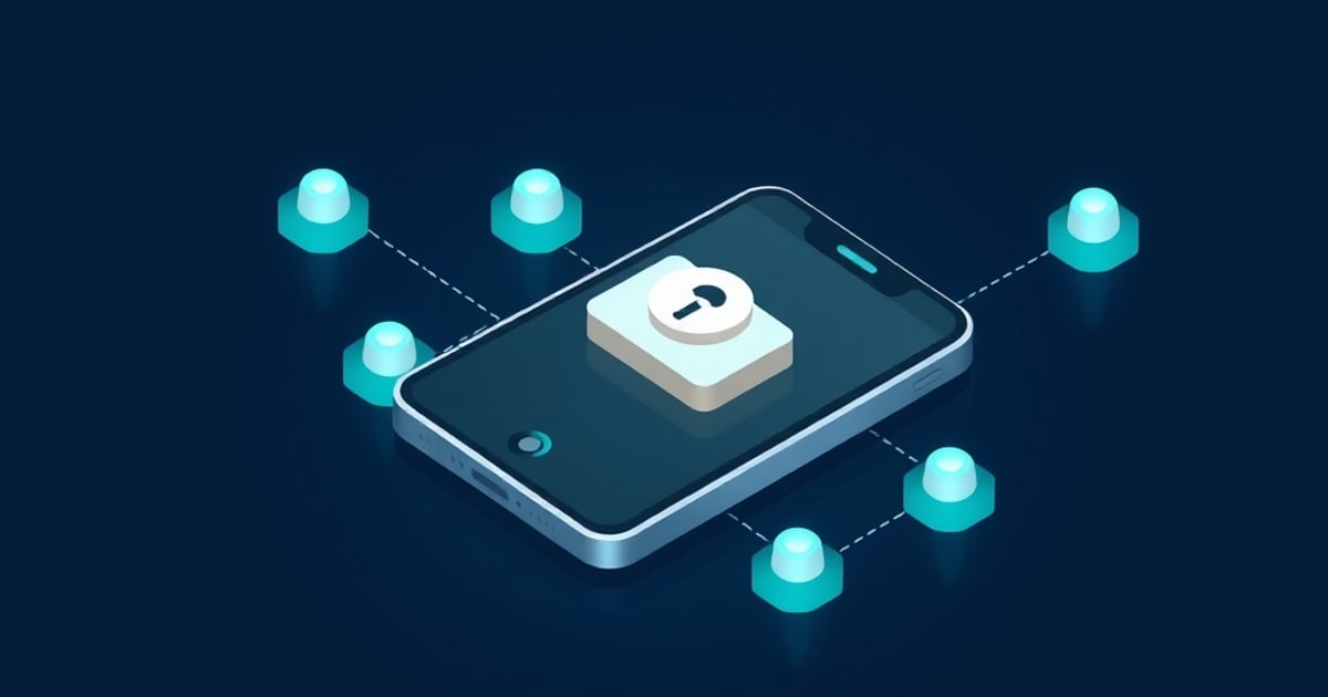 Flat isometric illustration of an iPhone on a dark blue field with a pale padlock tile on its screen, linked by dashed lines to glowing teal credential nodes
