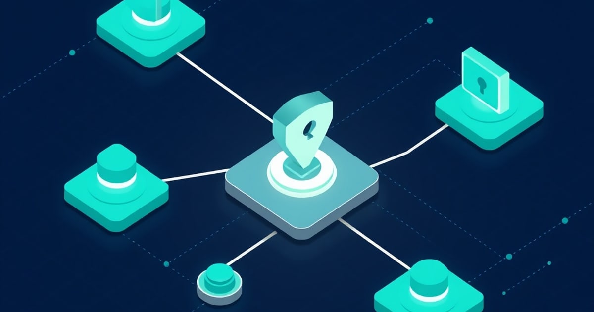 Flat isometric illustration of a teal shield carrying a keyhole on a lit pad, joined by lines to surrounding device tiles, standing in for a passkey login.