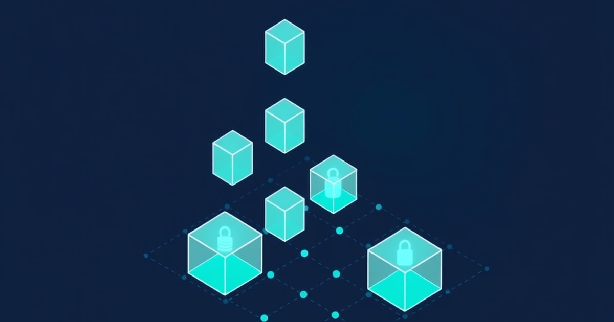 Teal isometric cubes stack on a dark navy grid, two larger cubes filled with cyan liquid and glowing padlock icons on top, evoking encrypted vault storage.