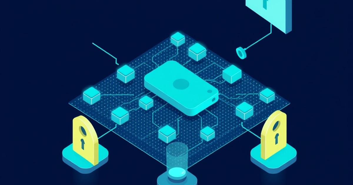 Flat isometric illustration of a teal circuit board with a central device flanked by yellow padlock kiosks.